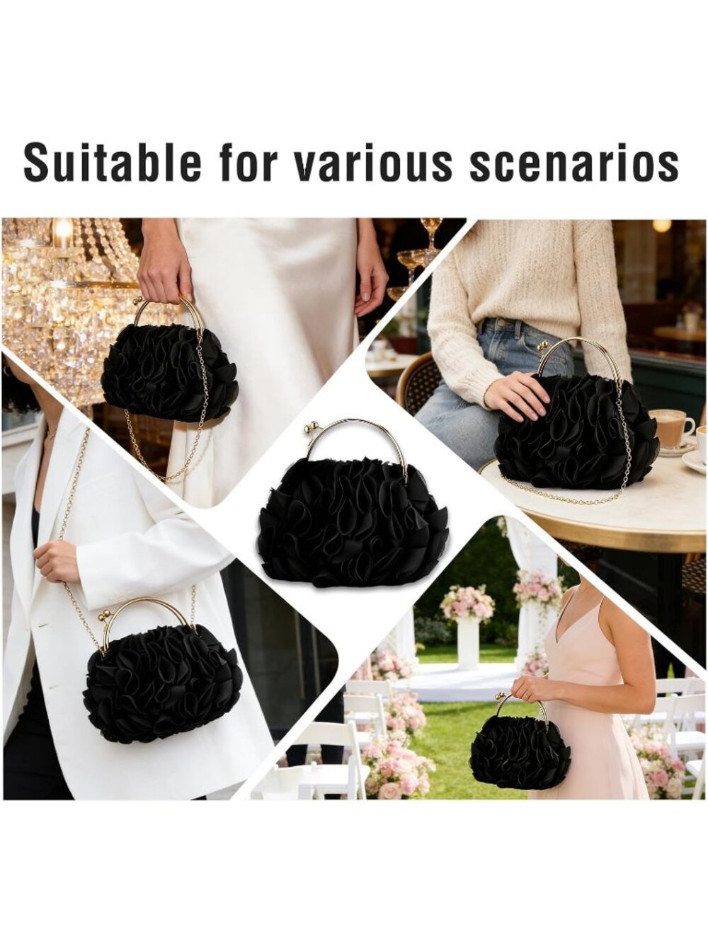 Women's Black Floral Satin Clutch Purse Chain Wedding Party Prom Evening Bag - Picture 2 of 7
